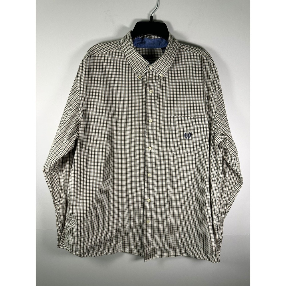 Chaps Shirt Mens XXL Long Sleeve Button Down Plaid Check Brown Tan Pocket Cotton